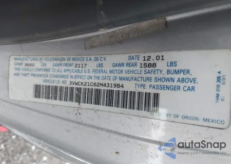 2002 Volkswagen New Beetle Gls z USA, uszkodzony, nr VIN 3VWCK21C62M431984